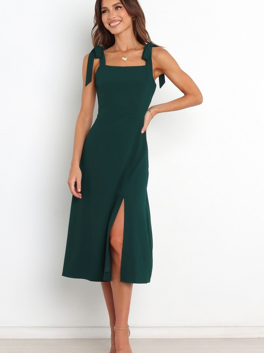 Petal & Pup Dark Green Tie-Shoulder Midi Dress